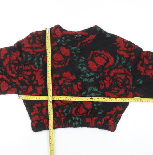 Bershka Women’s Black Red Floral Knit Pullover Jumper Size 8