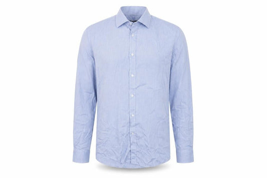 Front view of Dunnes Men's Blue Cotton Blend Regular Fit Long Sleeve Shirt, size 16”
