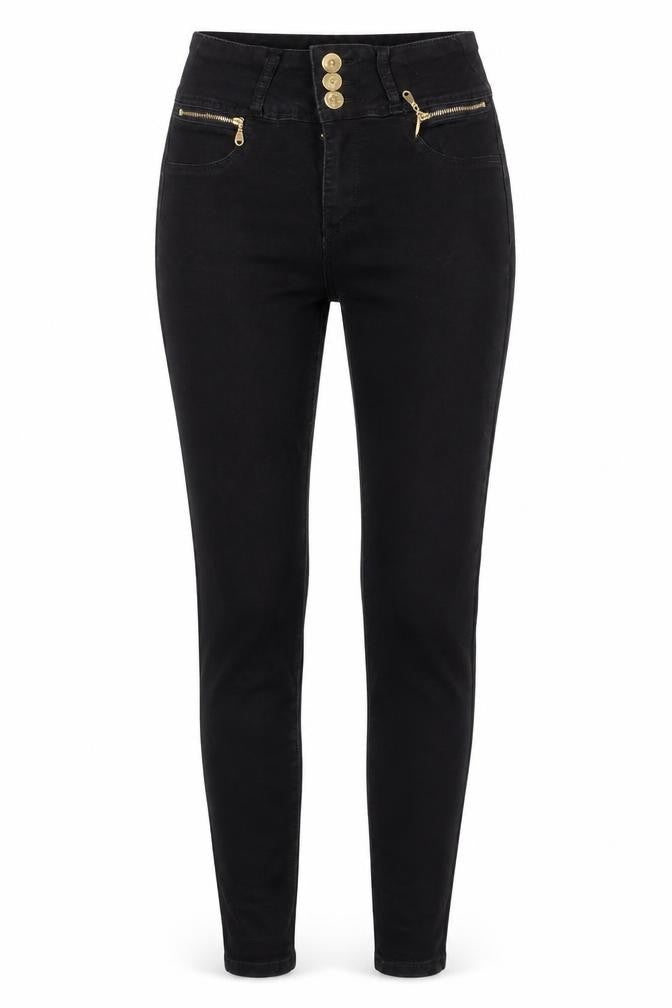Front view of Marc Angelo unisex black skinny high rise stretch jeans, size 10