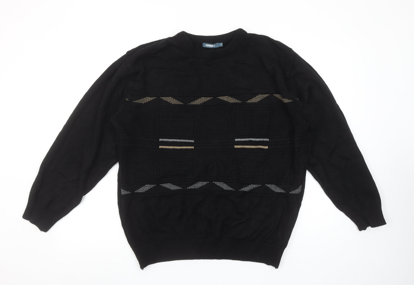 Cargo Quay Men's Black Geometric Knit Jumper L Crew Neck Pullover