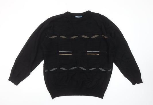 Cargo Quay Men's Black Geometric Knit Jumper L Crew Neck Pullover