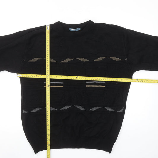 Cargo Quay Men's Black Geometric Knit Jumper L Crew Neck Pullover