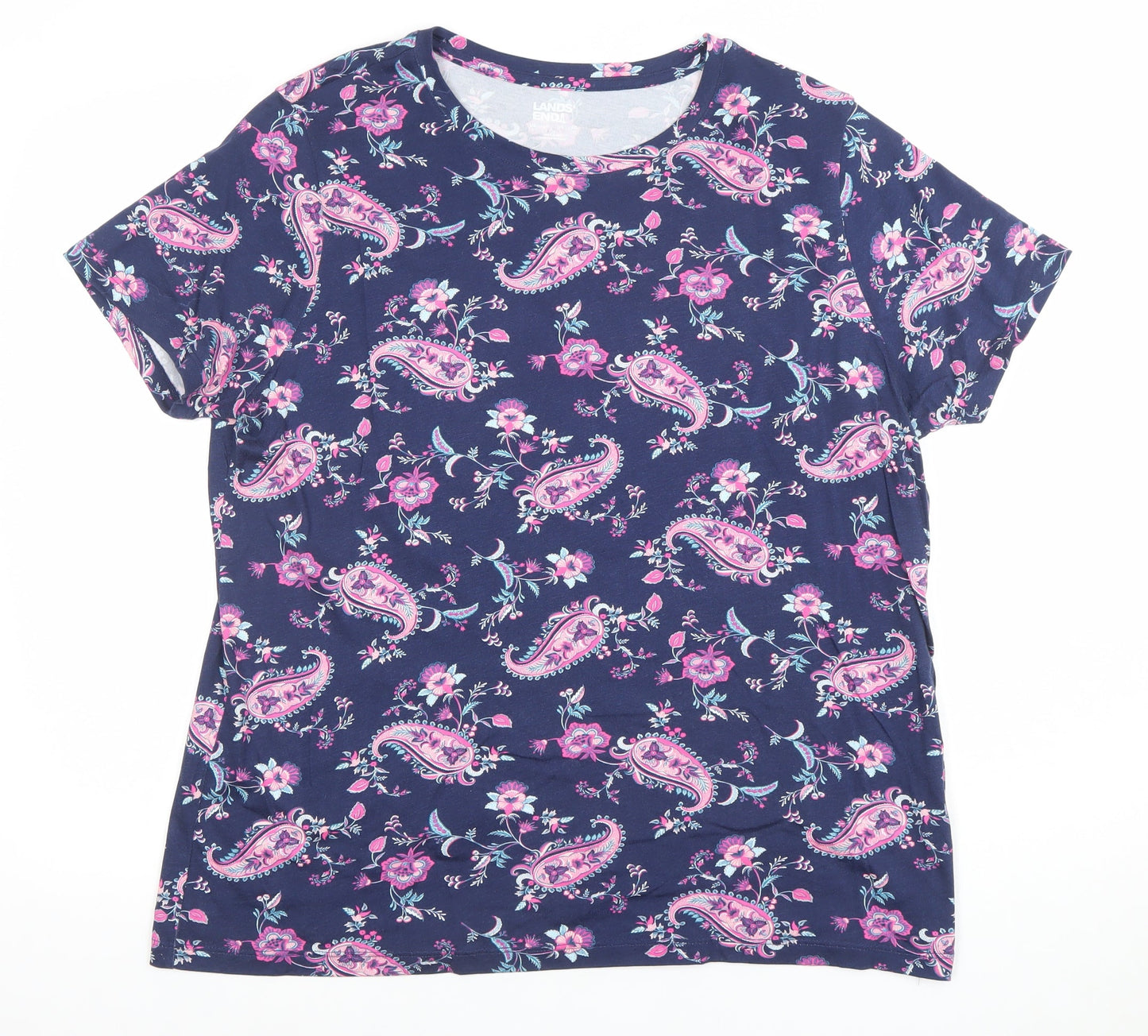 Lands' End Womens Blue Paisley Cotton Short Sleeve T-Shirt Size L