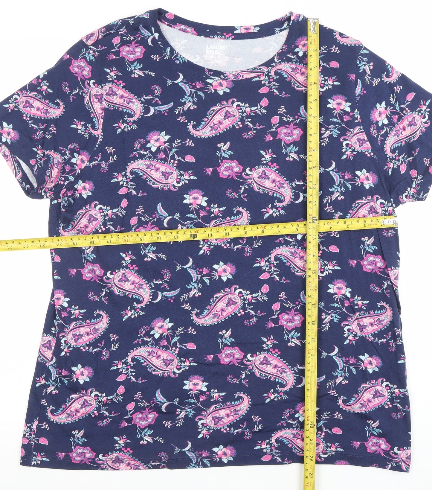 Lands' End Womens Blue Paisley Cotton Short Sleeve T-Shirt Size L