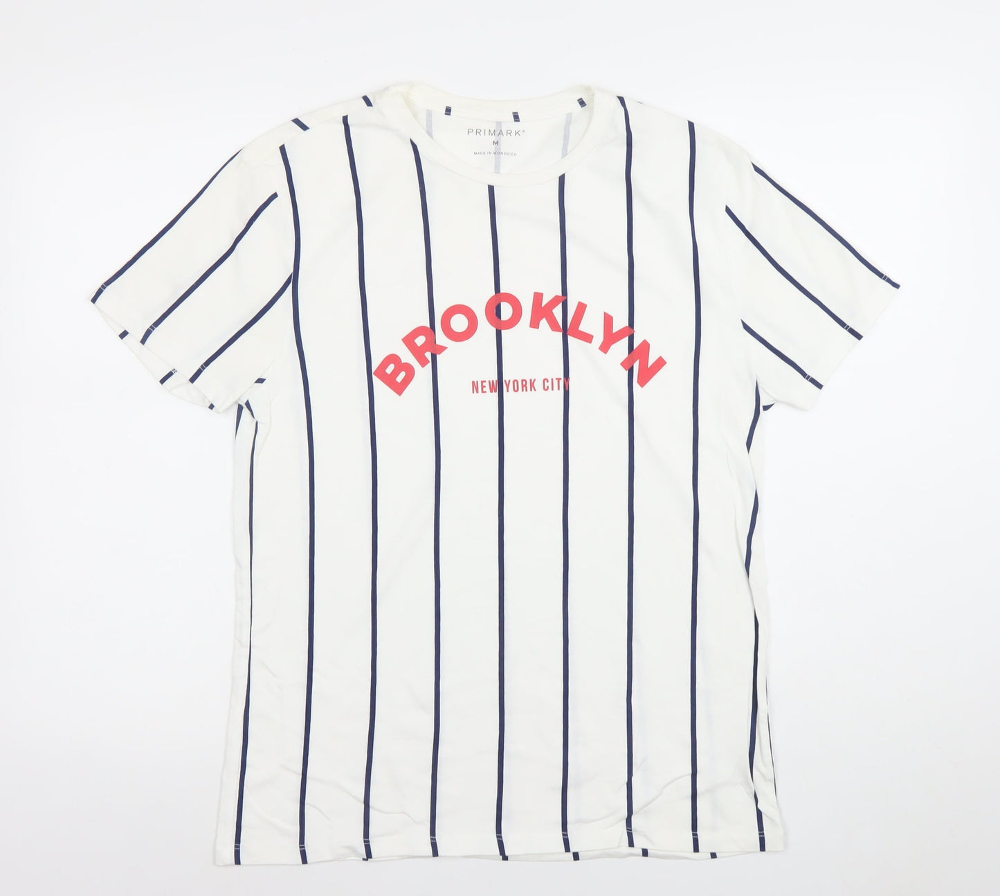 Primark Men's White Striped Brooklyn Graphic T-Shirt M