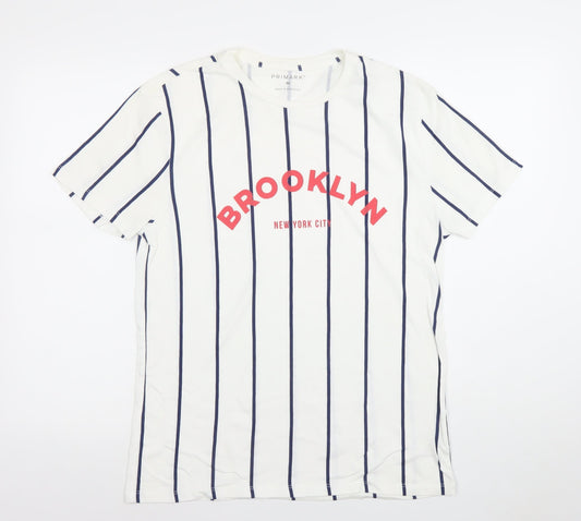 Primark Men's White Striped Brooklyn Graphic T-Shirt M