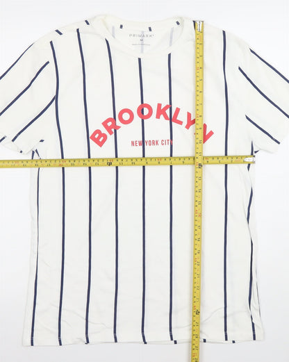 Primark Men's White Striped Brooklyn Graphic T-Shirt M