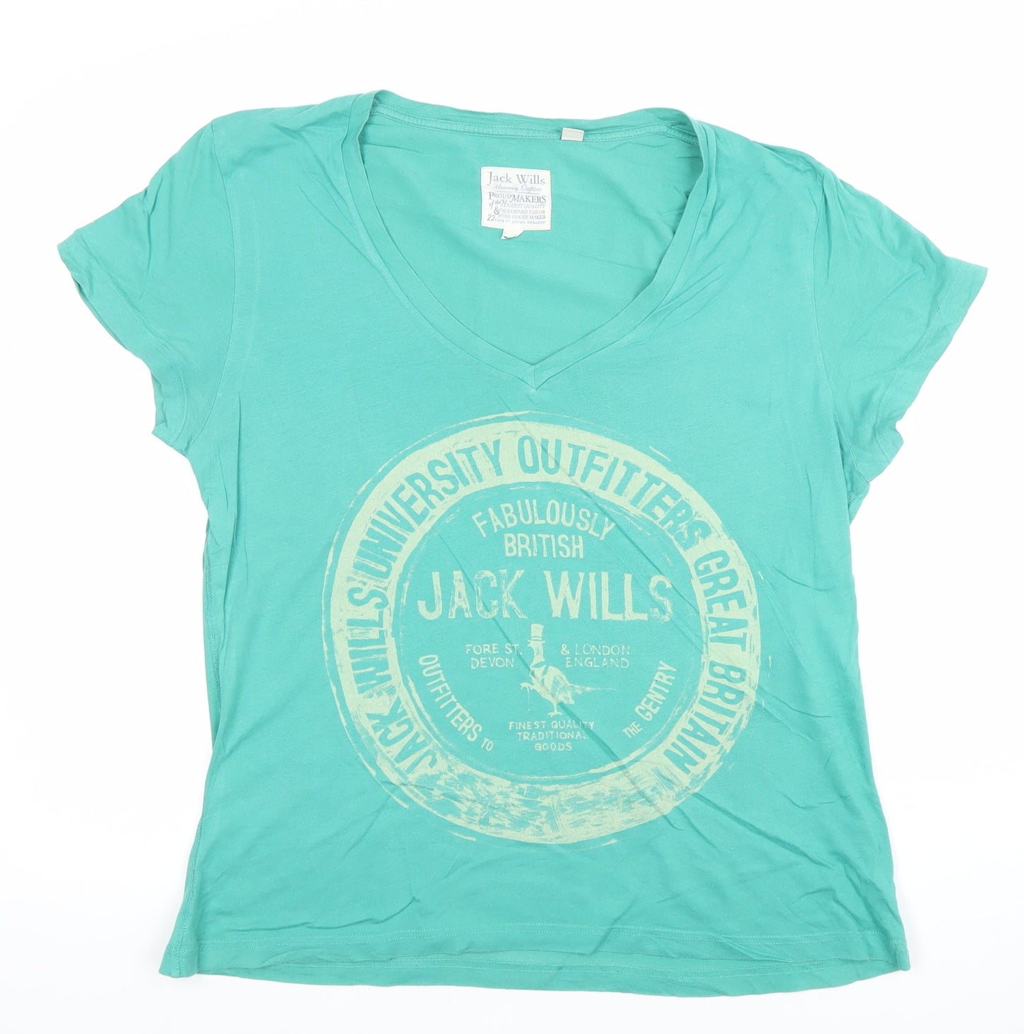 Jack Wills Womens Green V-Neck Cotton T-Shirt UK 12