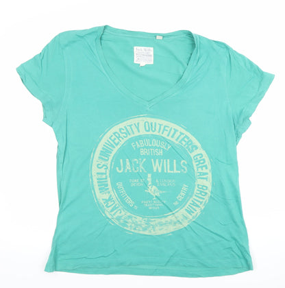 Jack Wills Womens Green V-Neck Cotton T-Shirt UK 12