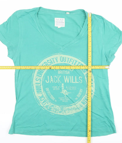 Jack Wills Womens Green V-Neck Cotton T-Shirt UK 12