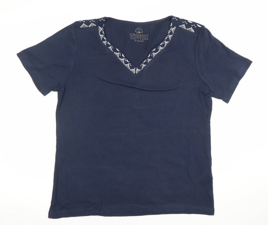 Damart Women's Navy V-Neck Short Sleeve Organic Cotton T-Shirt UK 14/16