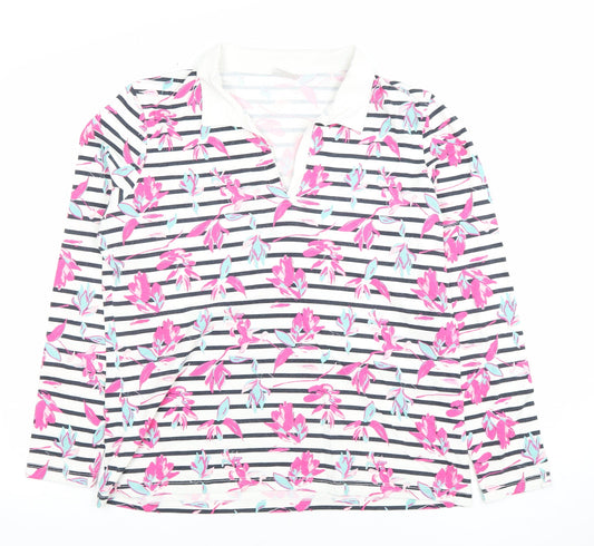 Damart Women's Multicoloured Floral Striped Cotton Polo Top M