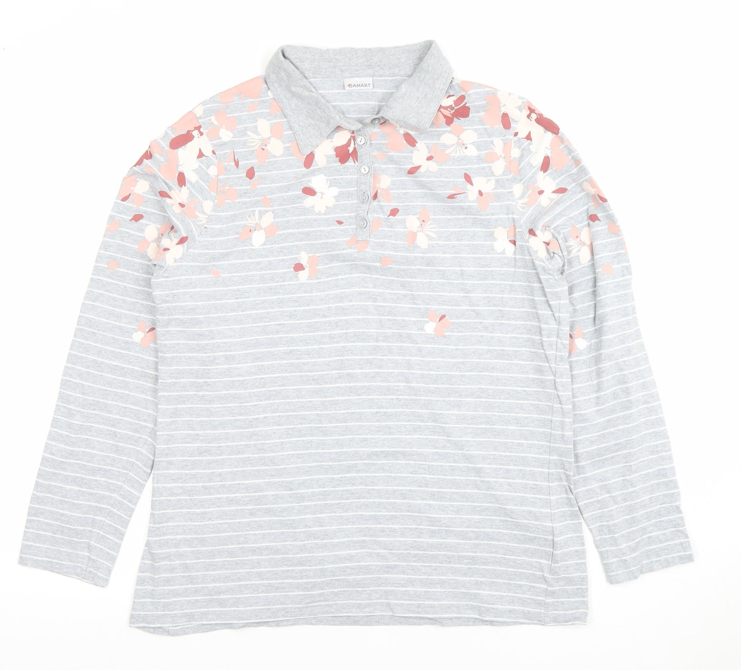 Damart Women's Grey Floral Striped Long Sleeve Cotton Polo Shirt M
