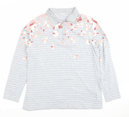 Damart Women's Grey Floral Striped Long Sleeve Cotton Polo Shirt M