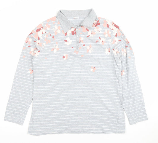 Damart Women's Grey Floral Striped Long Sleeve Cotton Polo Shirt M