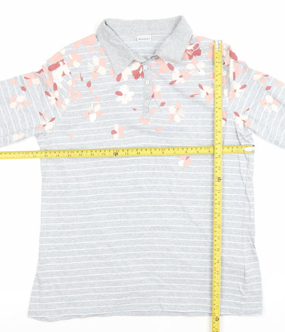 Damart Women's Grey Floral Striped Long Sleeve Cotton Polo Shirt M