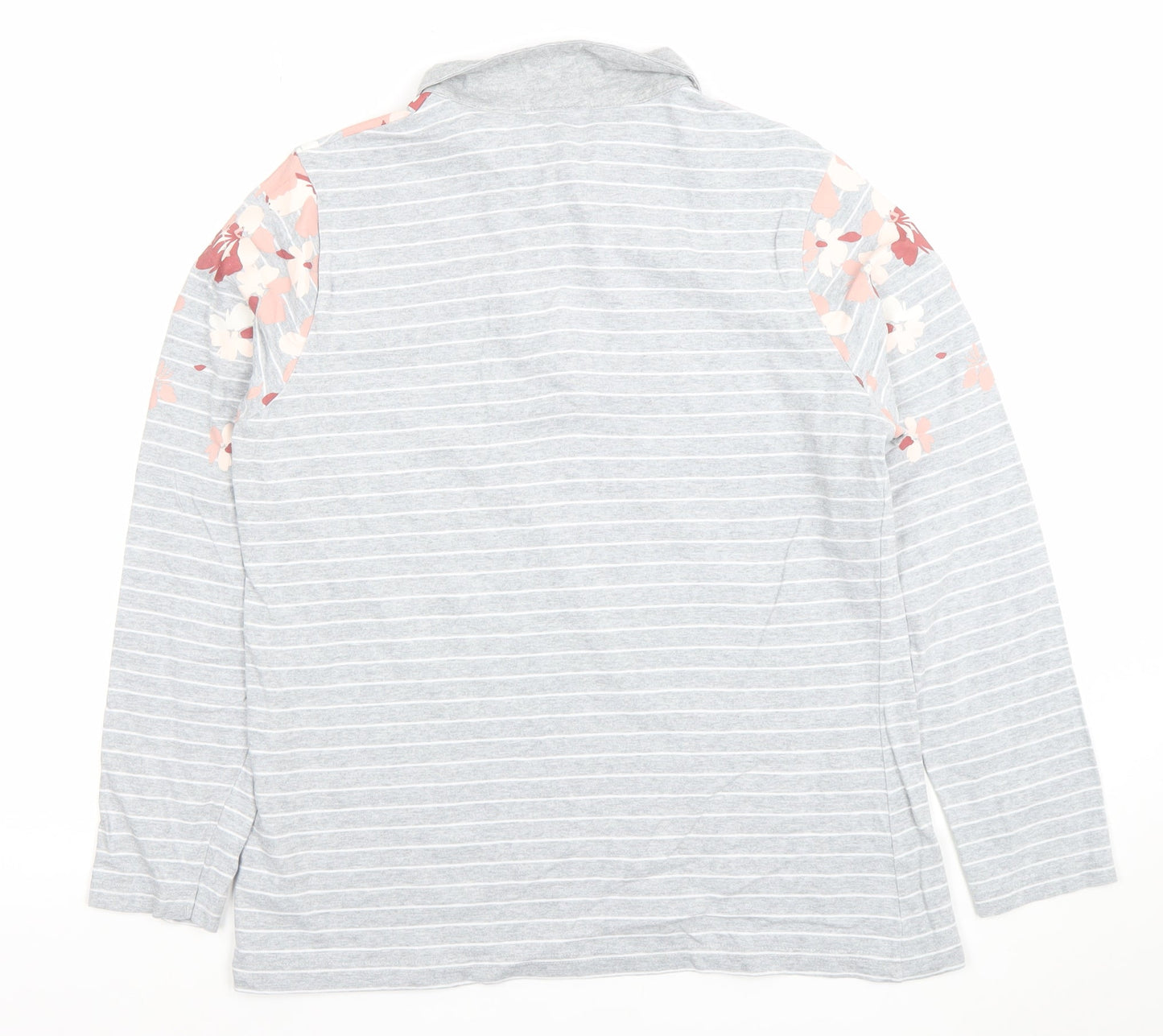 Damart Women's Grey Floral Striped Long Sleeve Cotton Polo Shirt M