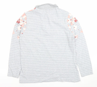 Damart Women's Grey Floral Striped Long Sleeve Cotton Polo Shirt M