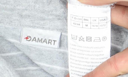 Damart Women's Grey Floral Striped Long Sleeve Cotton Polo Shirt M