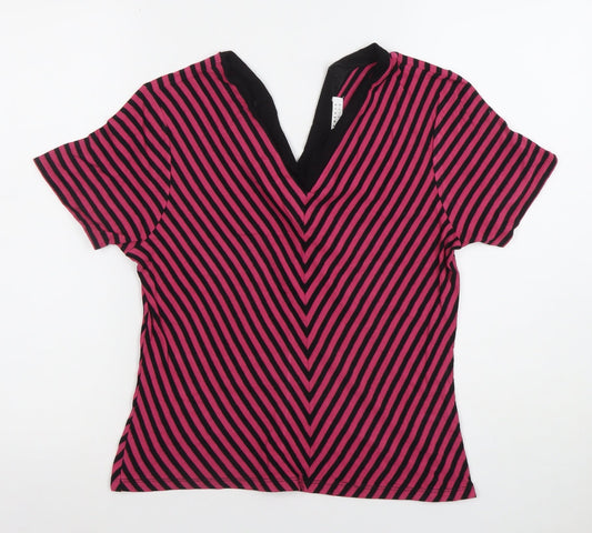 Precis Petite Women's Pink Black Striped V-Neck Jersey Top Size M