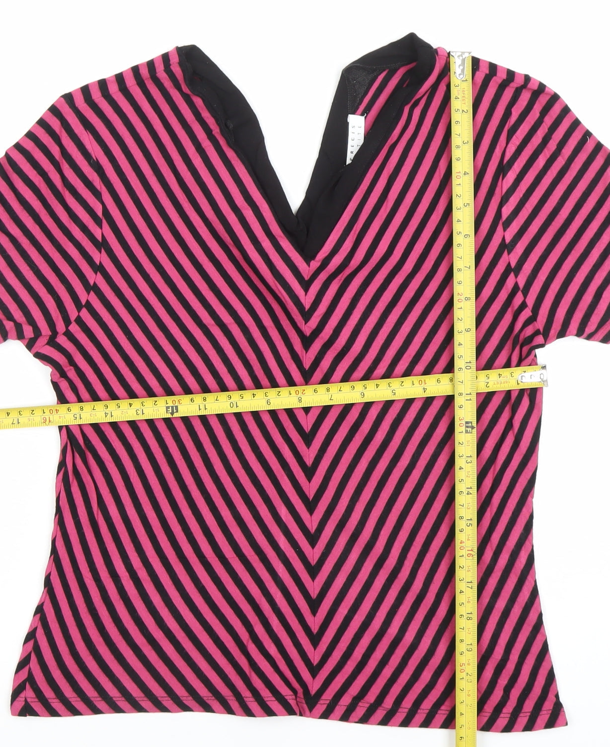 Precis Petite Women's Pink Black Striped V-Neck Jersey Top Size M