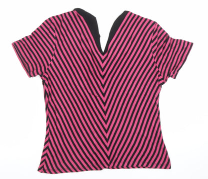 Precis Petite Women's Pink Black Striped V-Neck Jersey Top Size M
