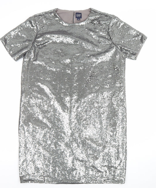 GAP Women’s Silver Sequin Shift Party Dress Size M Short Sleeve