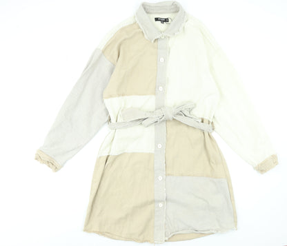 Missguided Women Beige Colourblock Belted Shirt Dress Size 14 Tall