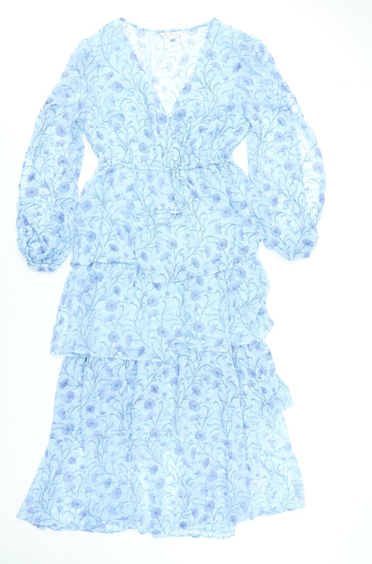 Miss Selfridge Women Blue Floral Long Sleeve V-Neck Ruffle Maxi Dress Size 14