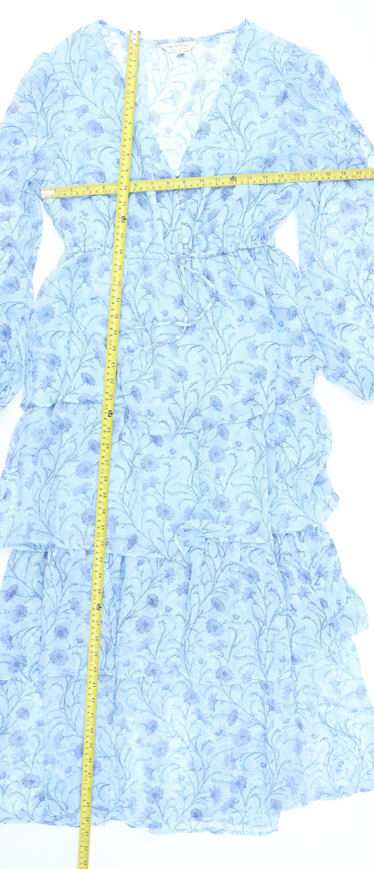 Miss Selfridge Women Blue Floral Long Sleeve V-Neck Ruffle Maxi Dress Size 14