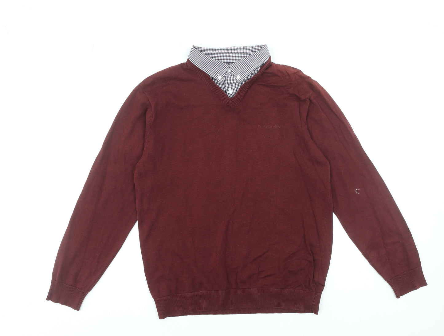 Pierre Cardin Men Red V-Neck Cotton Pullover Jumper Size L