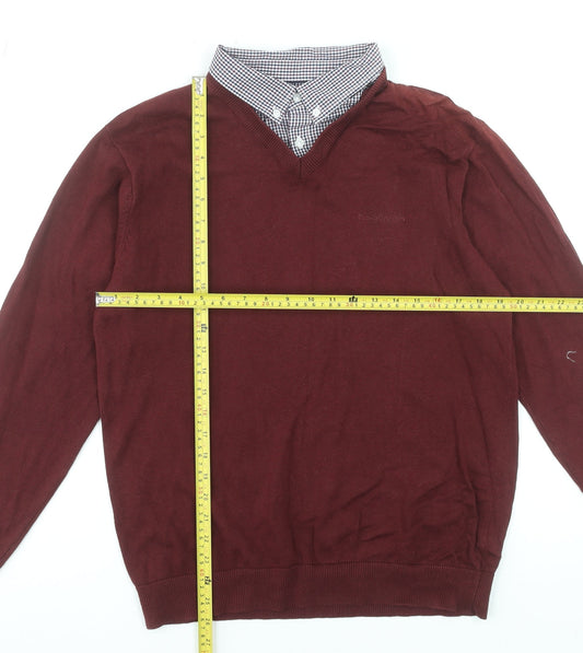 Pierre Cardin Men Red V-Neck Cotton Pullover Jumper Size L