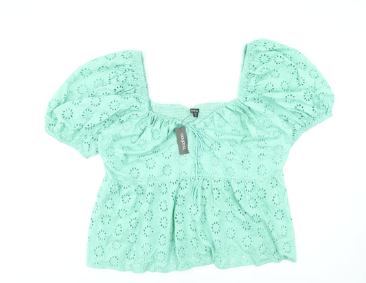 Boohoo Womens Green Plus Size 28 Cotton Cropped Puff Sleeve Blouse