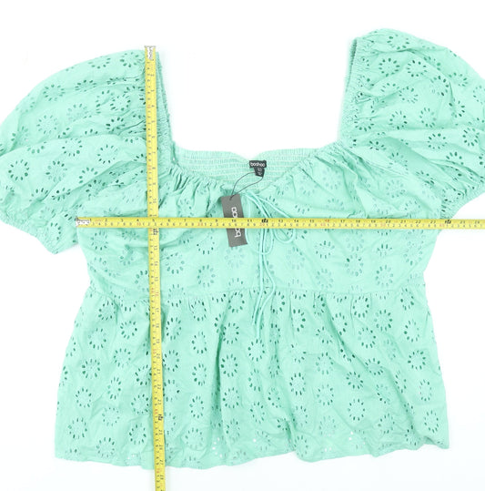 Boohoo Womens Green Plus Size 28 Cotton Cropped Puff Sleeve Blouse