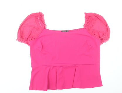 Boohoo Women’s Pink Cropped Puff Sleeve Square Neck Blouse Plus Size 28