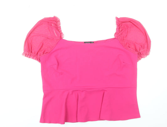 Boohoo Women’s Pink Cropped Puff Sleeve Square Neck Blouse Plus Size 28