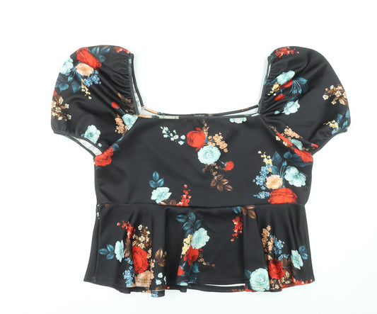 Boohoo Womens Plus Black Floral Puff Sleeve Cropped Blouse Size 26