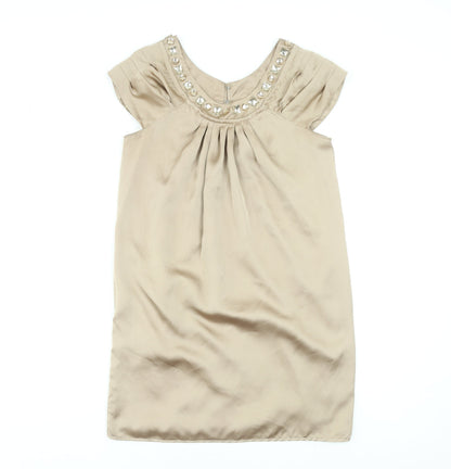 Dunnes Womens Beige Shift Dress Size 10 Beaded Scoop Neck Classic Style