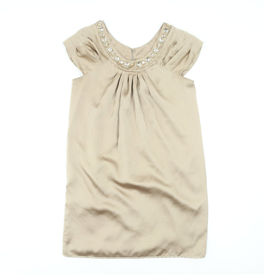 Dunnes Womens Beige Shift Dress Size 10 Beaded Scoop Neck Classic Style