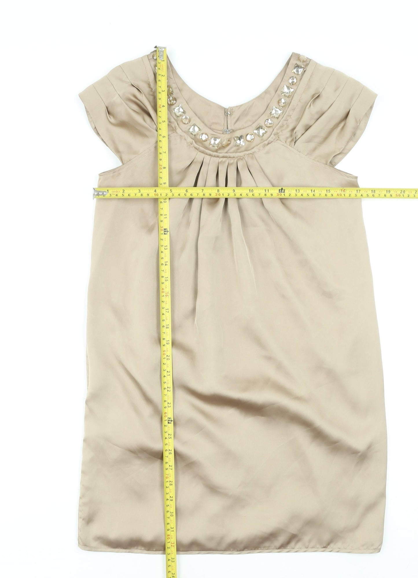 Dunnes Womens Beige Shift Dress Size 10 Beaded Scoop Neck Classic Style