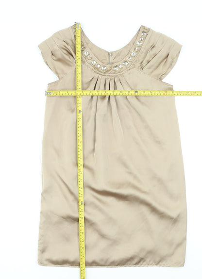 Dunnes Womens Beige Shift Dress Size 10 Beaded Scoop Neck Classic Style