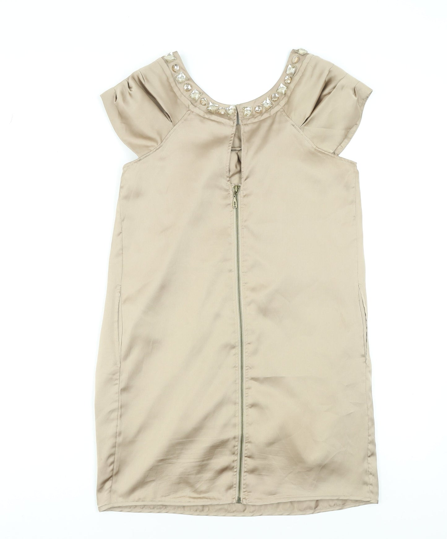 Dunnes Womens Beige Shift Dress Size 10 Beaded Scoop Neck Classic Style