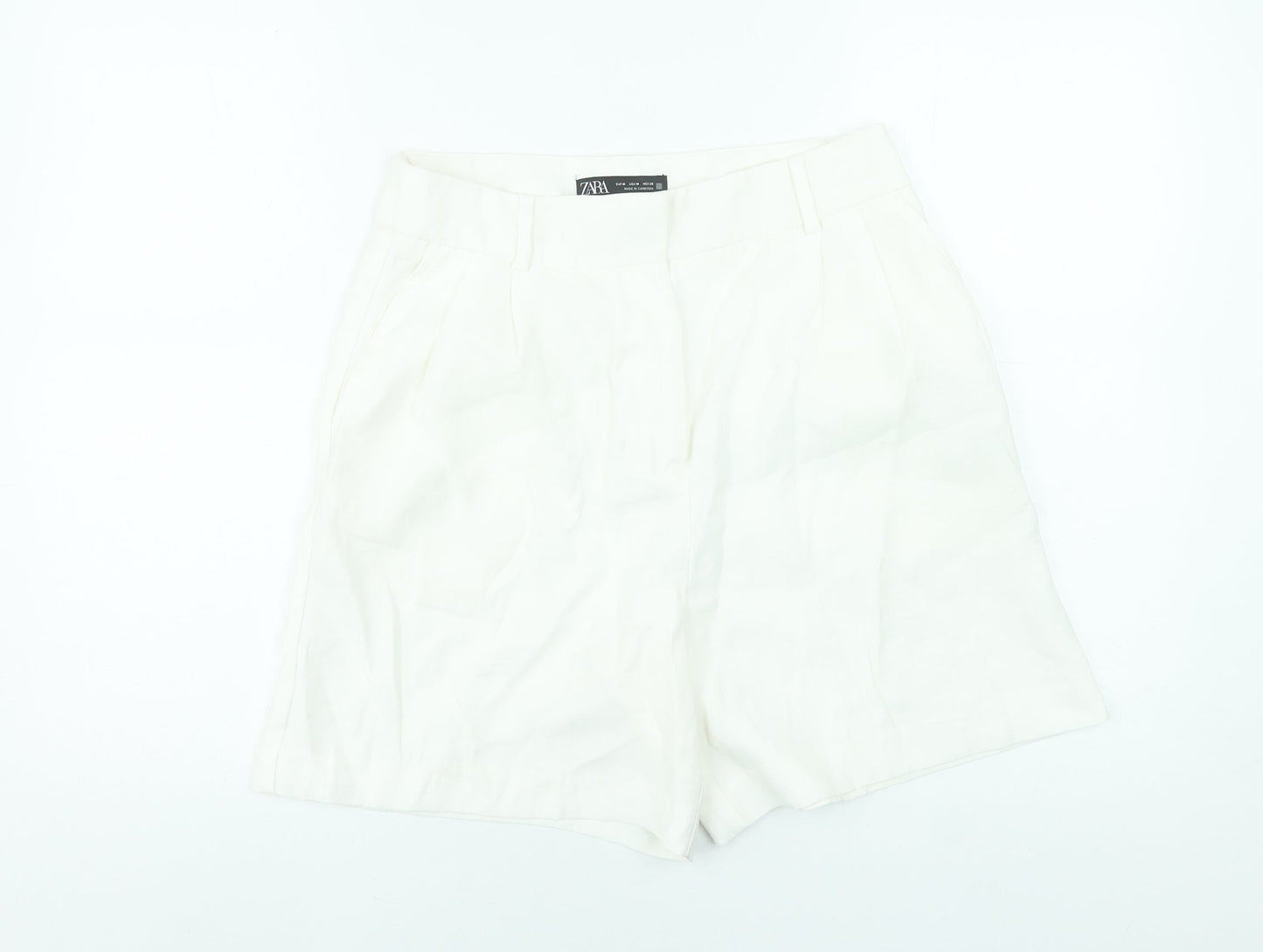 Zara Women White Chino Pleated High Rise Shorts Size M