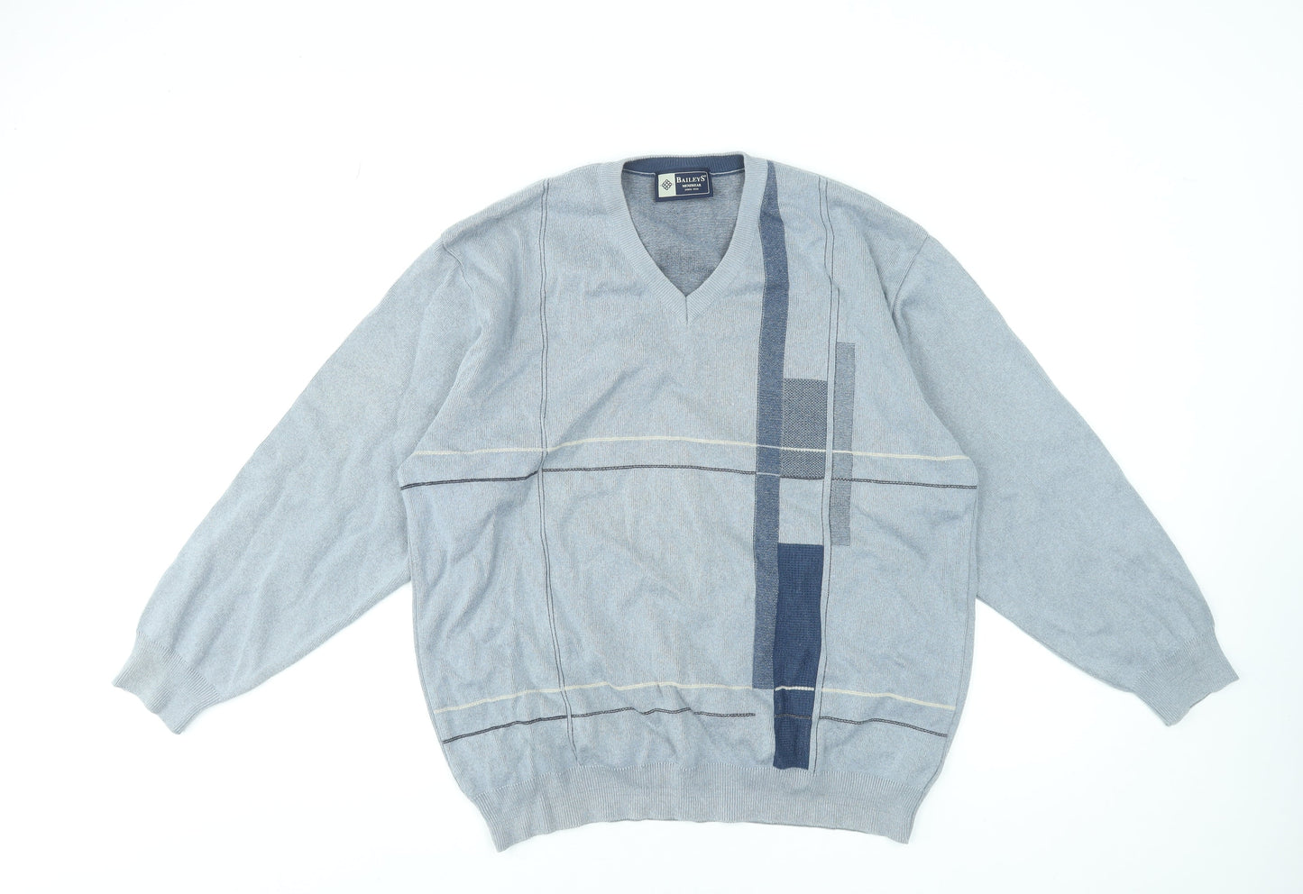 Baileys Mens Grey V-Neck Geometric Cotton Acrylic Jumper L