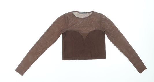 Dunnes Women Brown Mesh Long Sleeve Cropped Top XS