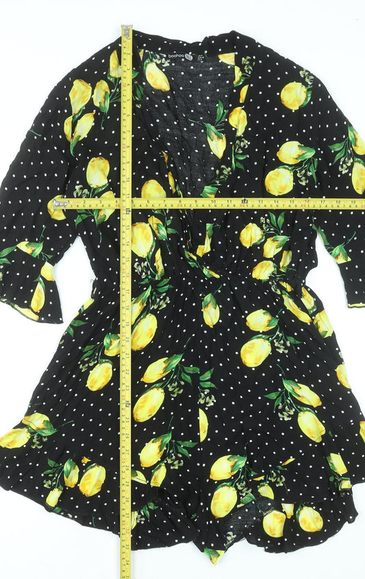 Boohoo Tall Lemon Print Polka Dot Playsuit UK 14 Black Viscose