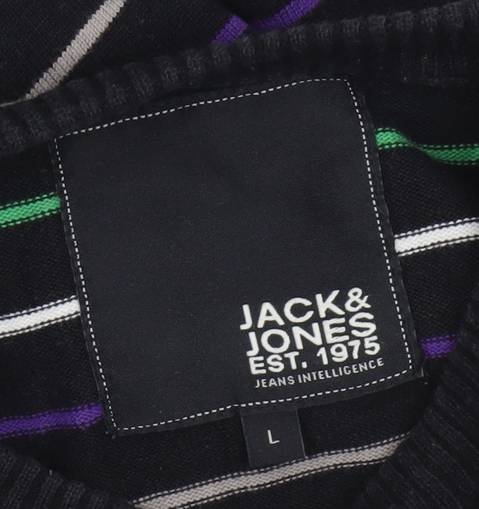 Jack & Jones Men's Black Striped Crew Neck Cotton Jumper L