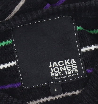 Jack & Jones Men's Black Striped Crew Neck Cotton Jumper L