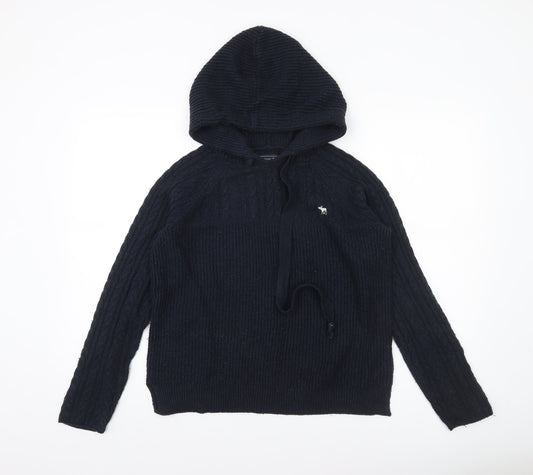 Abercrombie & Fitch Women's Black Cable-Knit Hooded Jumper Size M