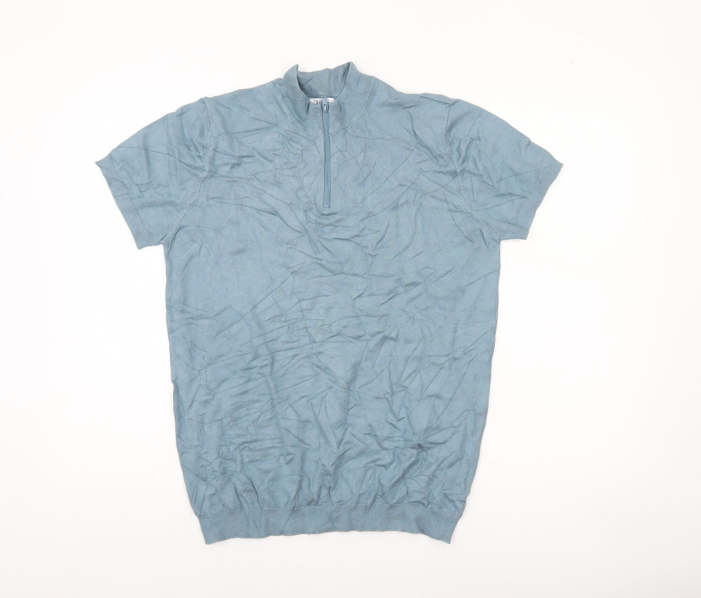 Zara Men’s Blue Cotton 1/2 Zip Short Sleeve Jumper M